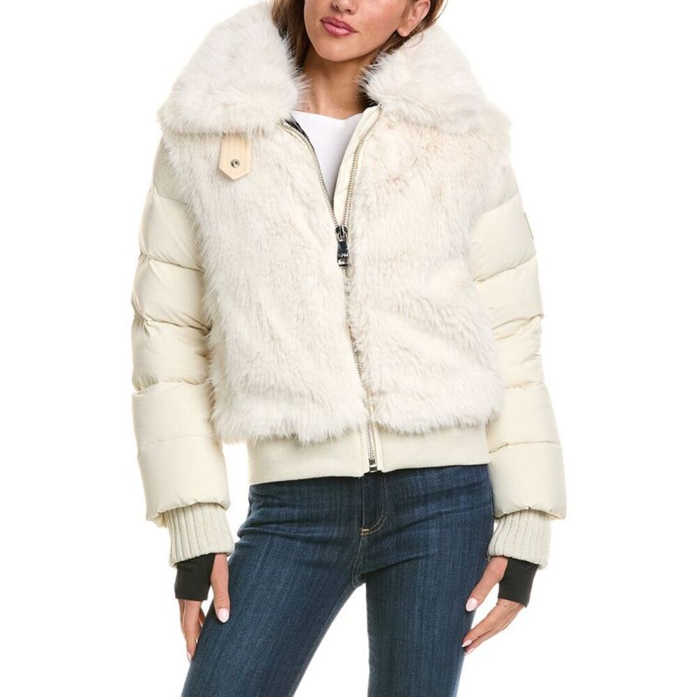 Sam. Womens  Down Leather-Trim Bomber Jacket, White